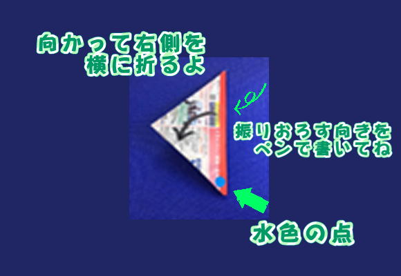 ６）写真のようにセロハンテープが背になるように二つ折りして、手持ち部分の印（写真では青丸）と振り下ろす方向を示す矢印を付ける