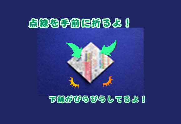 ４）両側から、写真③の点線に沿って内側に折る